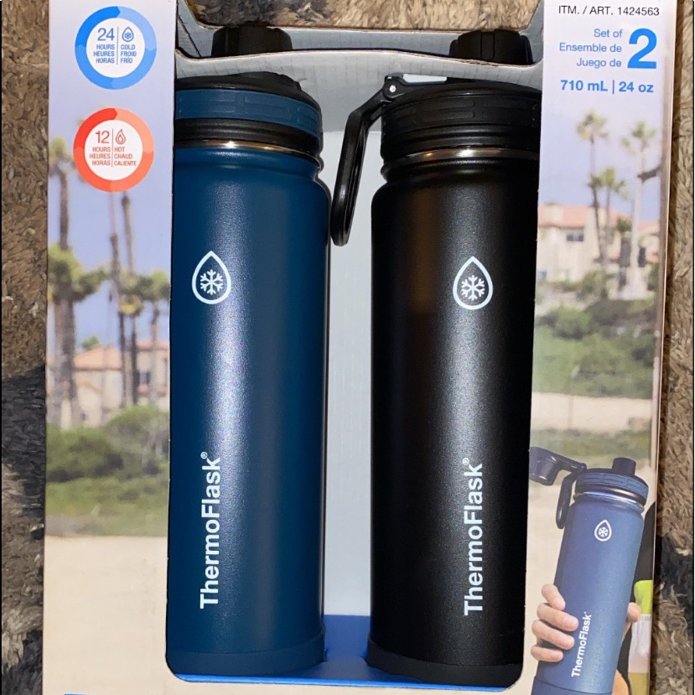 Blue and black water flasks